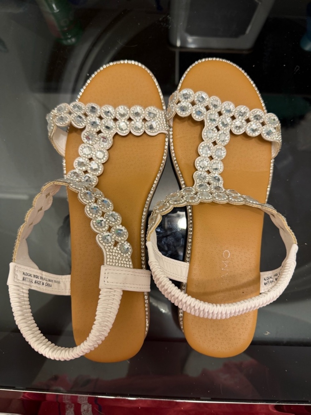 Embellished White T‑Strap Sandals with Crystal Accents